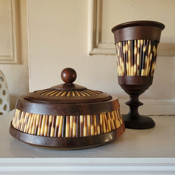Vintage Other - RARE! Large Porcupine Quill & Olive Wood Curio Box & Chalice